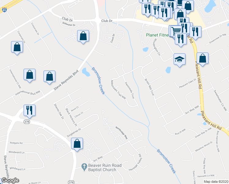 map of restaurants, bars, coffee shops, grocery stores, and more near 1358 Millstream Trail Northwest in Lawrenceville