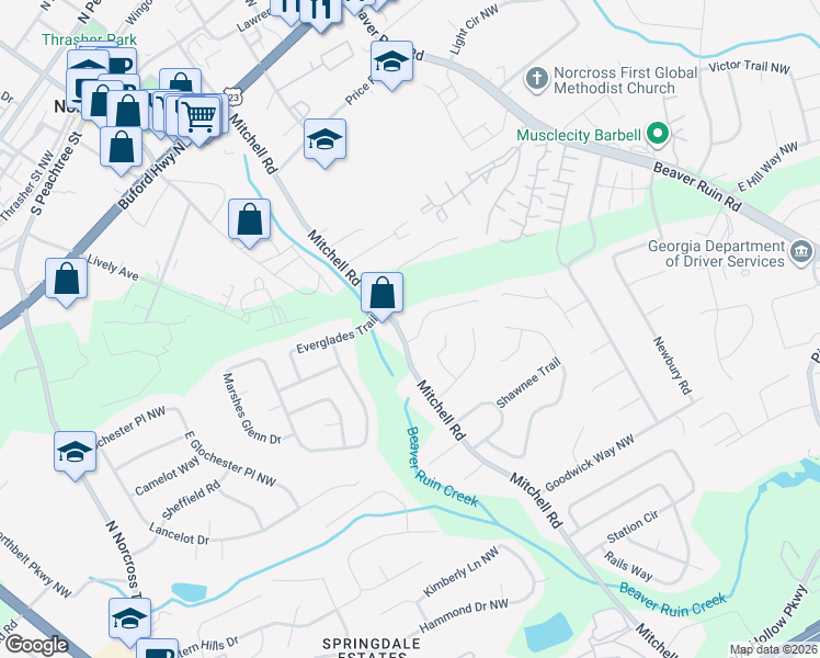 map of restaurants, bars, coffee shops, grocery stores, and more near 5653 Executive Way in Norcross