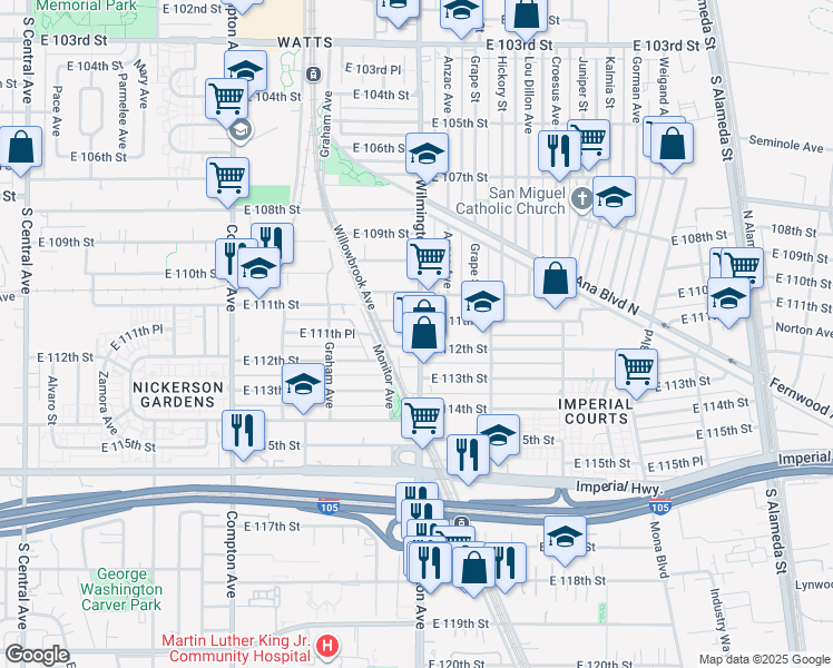 map of restaurants, bars, coffee shops, grocery stores, and more near 11111 Wilmington Avenue in Los Angeles