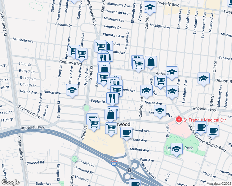 map of restaurants, bars, coffee shops, grocery stores, and more near 3321 Elizabeth Avenue in Lynwood