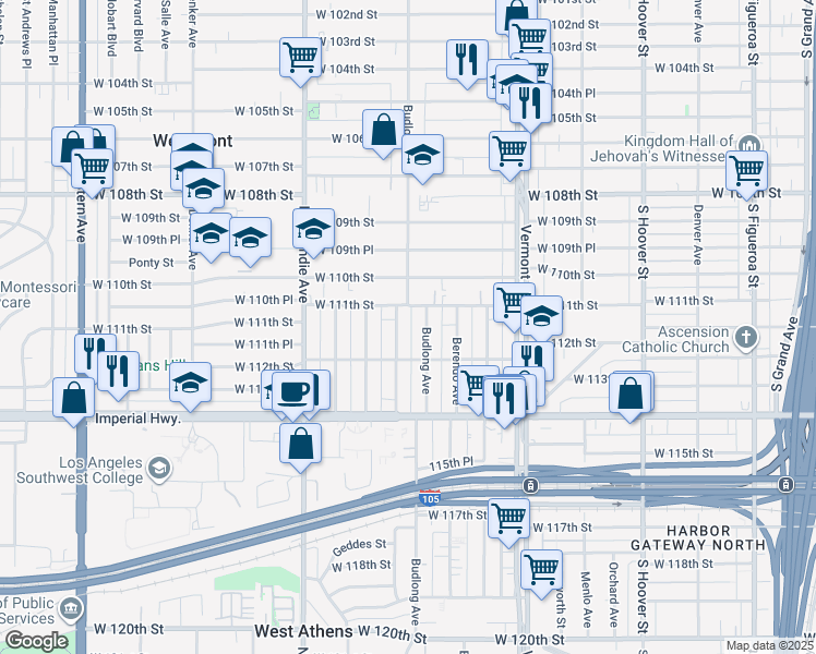 map of restaurants, bars, coffee shops, grocery stores, and more near 11126 Van Buren Avenue in Los Angeles