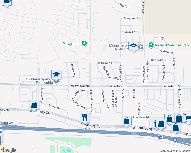 map of restaurants, bars, coffee shops, grocery stores, and more near 4743 West Hoffer Street in Banning