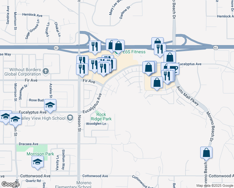 map of restaurants, bars, coffee shops, grocery stores, and more near 12886 Greenstone Way in Moreno Valley