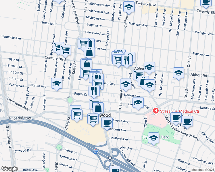 map of restaurants, bars, coffee shops, grocery stores, and more near 3365 Elizabeth Avenue in Lynwood