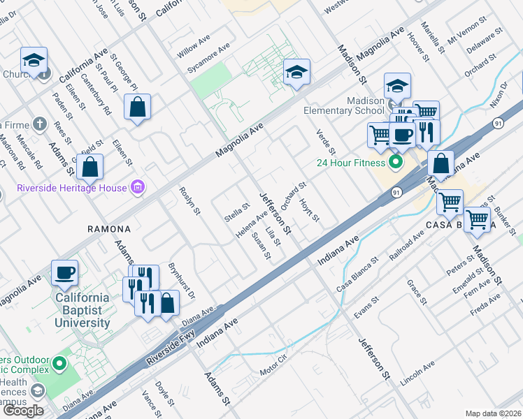 map of restaurants, bars, coffee shops, grocery stores, and more near 7915 Helena Avenue in Riverside