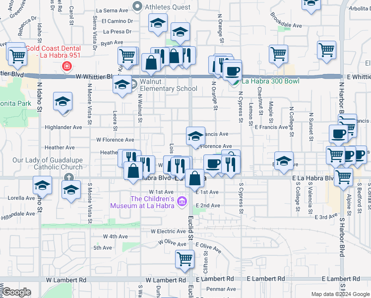 map of restaurants, bars, coffee shops, grocery stores, and more near 112 West Florence Avenue in La Habra