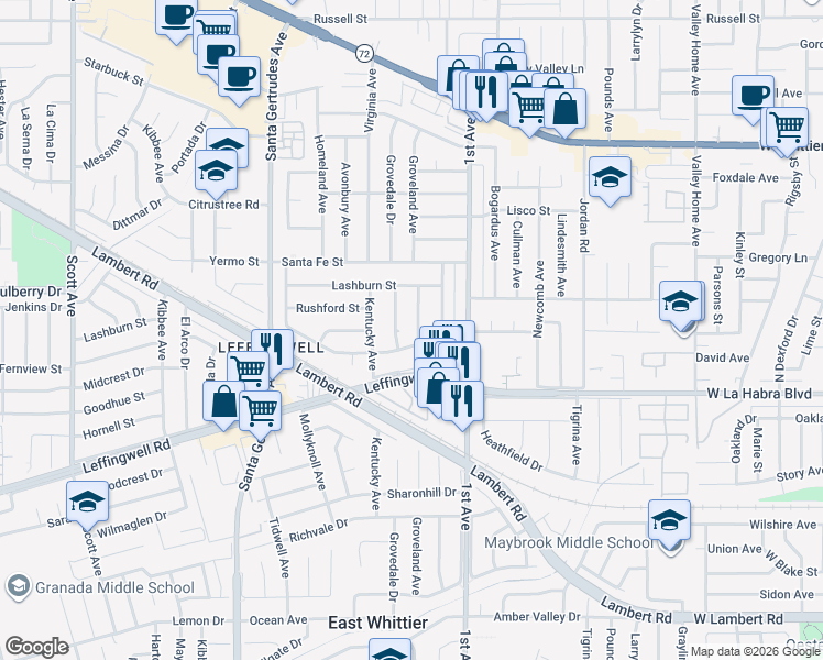 map of restaurants, bars, coffee shops, grocery stores, and more near 10947 Groveland Avenue in Whittier
