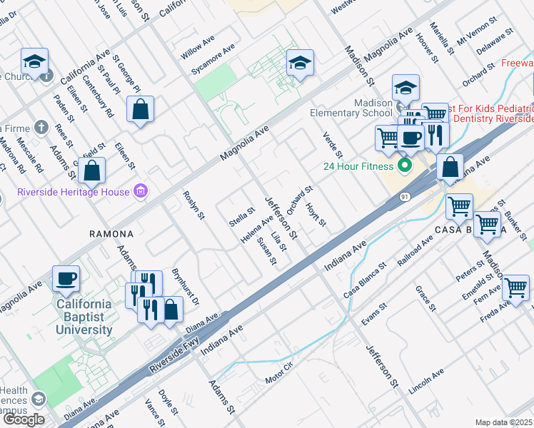 map of restaurants, bars, coffee shops, grocery stores, and more near 7915 Helena Avenue in Riverside