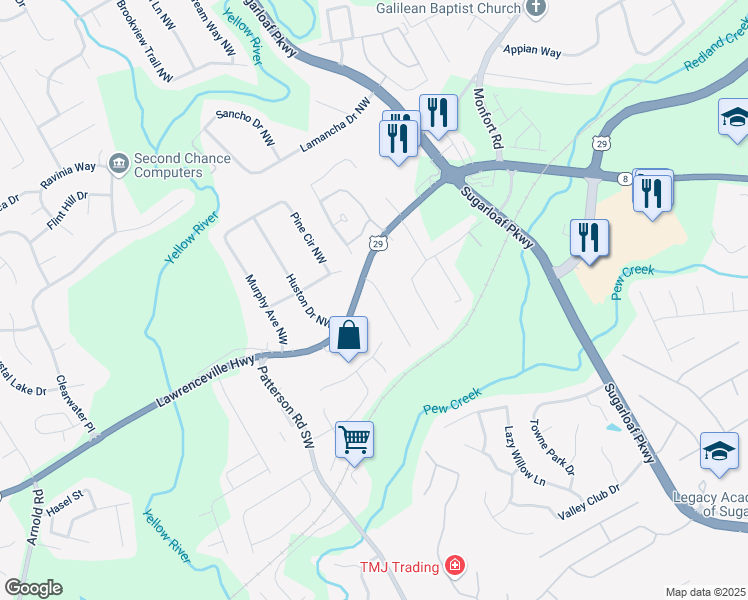 map of restaurants, bars, coffee shops, grocery stores, and more near 142 Davis Mill Court in Lawrenceville