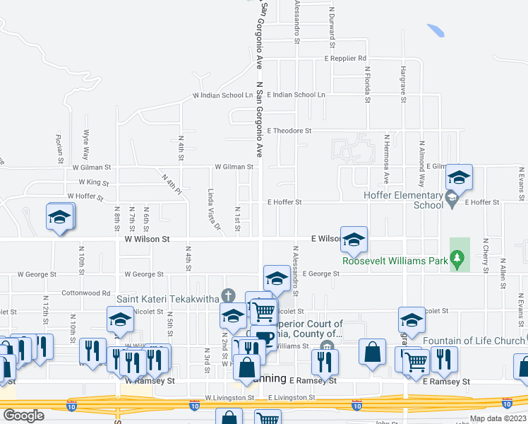 map of restaurants, bars, coffee shops, grocery stores, and more near 938 North San Gorgonio Avenue in Banning