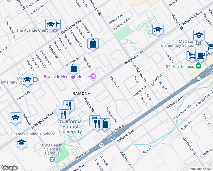 map of restaurants, bars, coffee shops, grocery stores, and more near 3753 Crowell Avenue in Riverside