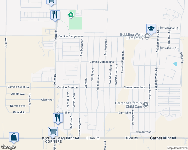 map of restaurants, bars, coffee shops, grocery stores, and more near Vía Quedo in Desert Hot Springs