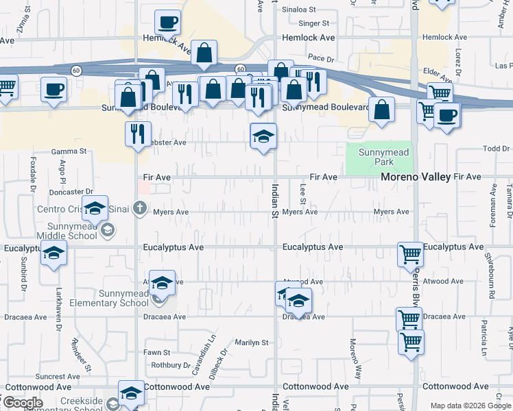 map of restaurants, bars, coffee shops, grocery stores, and more near 24410 Myers Avenue in Moreno Valley