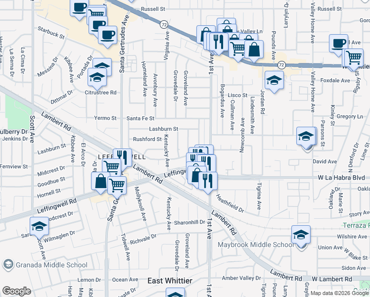 map of restaurants, bars, coffee shops, grocery stores, and more near 10947 Groveland Avenue in Whittier