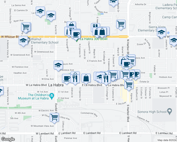 map of restaurants, bars, coffee shops, grocery stores, and more near 512 East Florence Avenue in La Habra