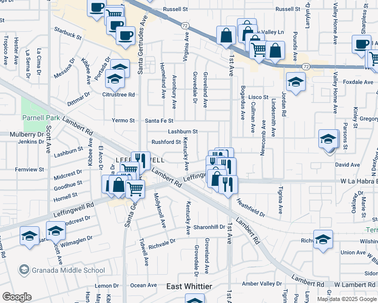 map of restaurants, bars, coffee shops, grocery stores, and more near 10946 Kentucky Avenue in Whittier