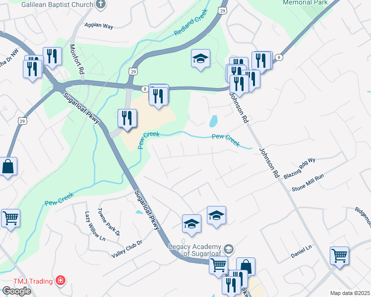 map of restaurants, bars, coffee shops, grocery stores, and more near 144 Grayland Hills Court in Lawrenceville