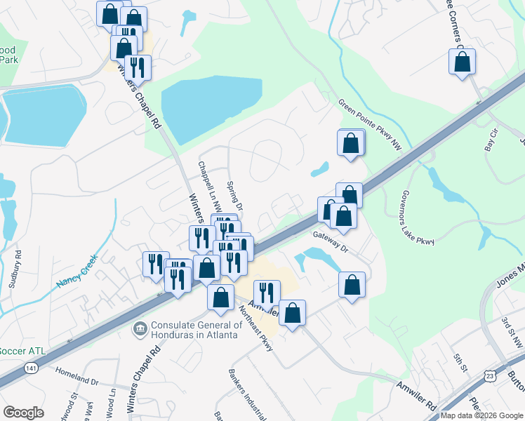 map of restaurants, bars, coffee shops, grocery stores, and more near 3341 Marla Boulevard Northwest in Peachtree Corners