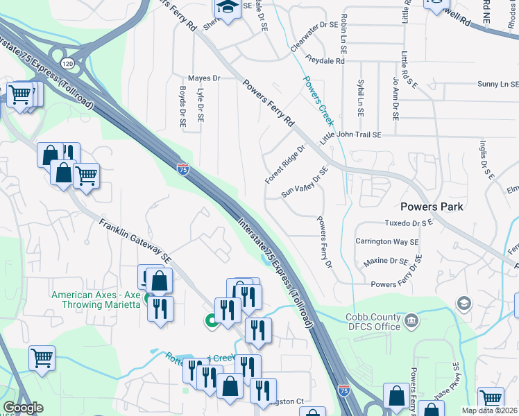 map of restaurants, bars, coffee shops, grocery stores, and more near 740 Forest Ridge Drive Southeast in Marietta