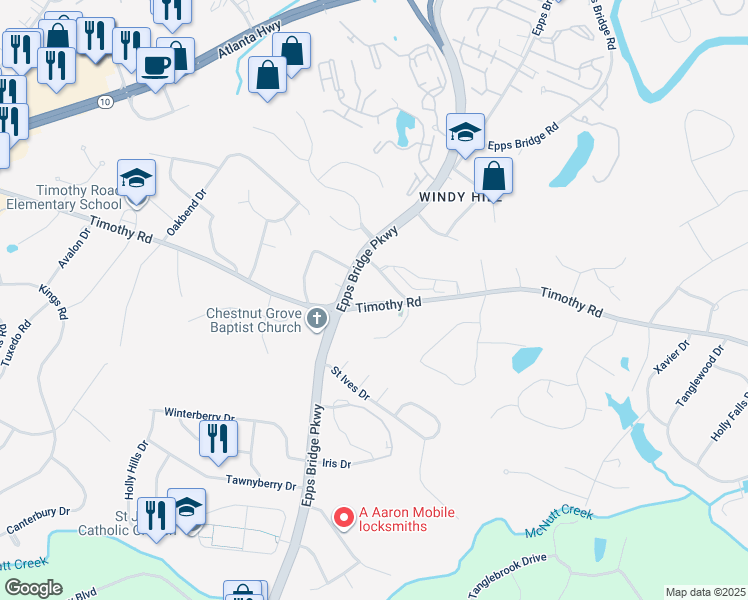 map of restaurants, bars, coffee shops, grocery stores, and more near 1500 Timothy Road in Athens