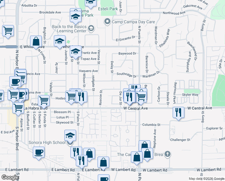 map of restaurants, bars, coffee shops, grocery stores, and more near 1508 McCart Avenue in Brea
