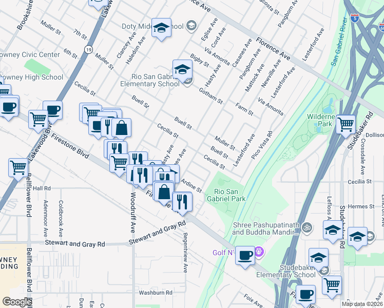 map of restaurants, bars, coffee shops, grocery stores, and more near 10809 Pangborn Avenue in Downey