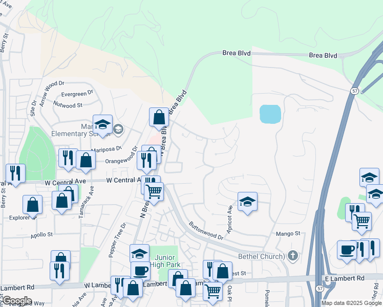 map of restaurants, bars, coffee shops, grocery stores, and more near 346 Trabuco Canyon Way in Brea