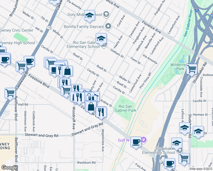 map of restaurants, bars, coffee shops, grocery stores, and more near 10809 Pangborn Avenue in Downey