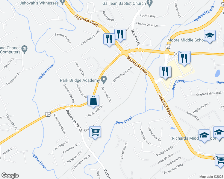 map of restaurants, bars, coffee shops, grocery stores, and more near 1691 Cannonball Court Northwest in Lawrenceville