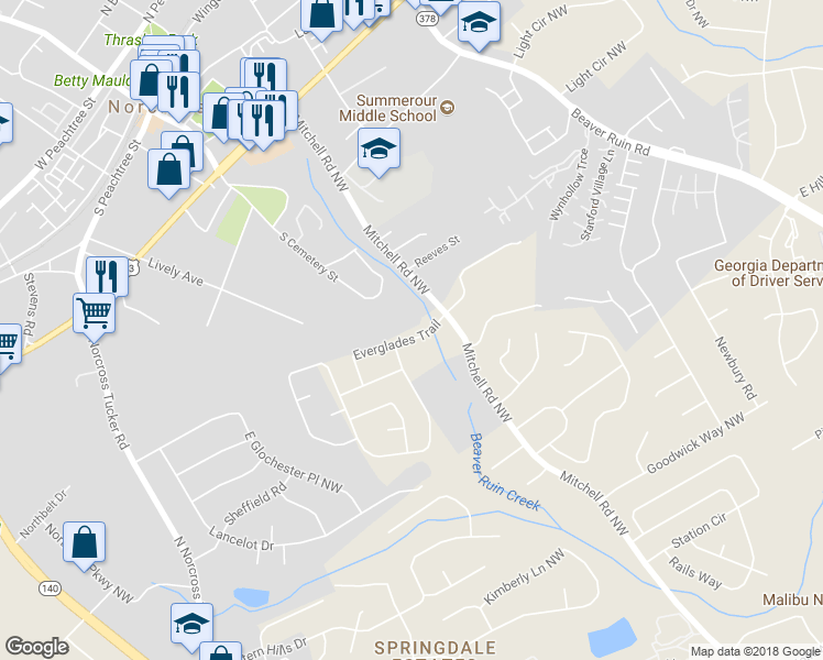map of restaurants, bars, coffee shops, grocery stores, and more near 5681 Everglades Trail in Norcross