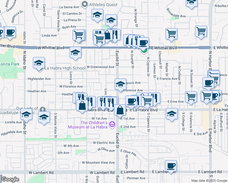 map of restaurants, bars, coffee shops, grocery stores, and more near 112 West Florence Avenue in La Habra