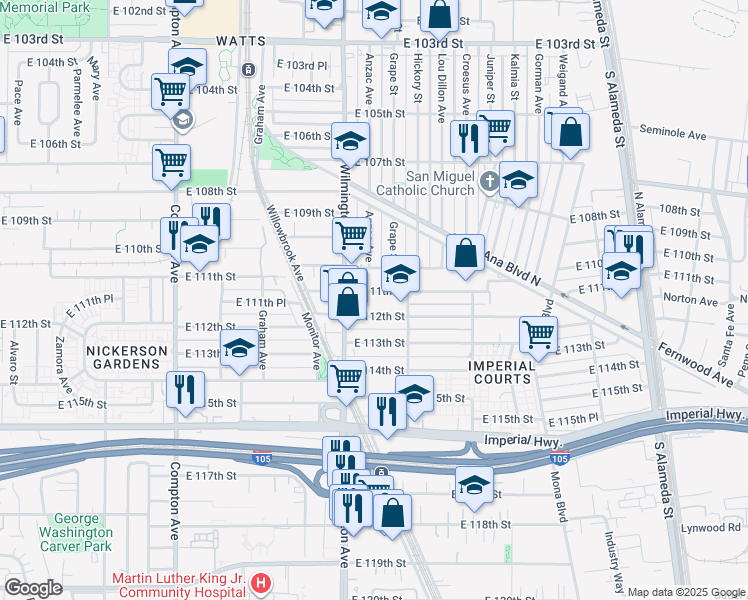 map of restaurants, bars, coffee shops, grocery stores, and more near 1940 East 111th Street in Los Angeles