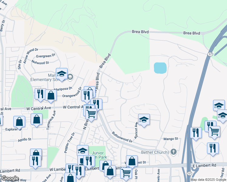 map of restaurants, bars, coffee shops, grocery stores, and more near 346 Trabuco Canyon Way in Brea