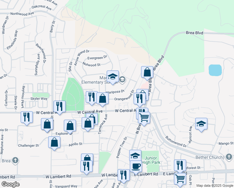 map of restaurants, bars, coffee shops, grocery stores, and more near 1020 Mariposa Drive in Brea