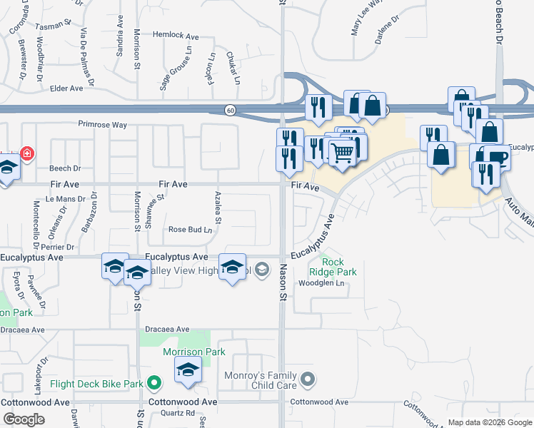 map of restaurants, bars, coffee shops, grocery stores, and more near 12833 Wainwright Lane in Moreno Valley