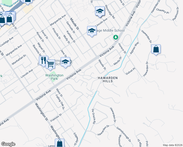 map of restaurants, bars, coffee shops, grocery stores, and more near 6618 Wintertree Drive in Riverside