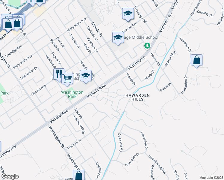 map of restaurants, bars, coffee shops, grocery stores, and more near 6618 Wintertree Drive in Riverside
