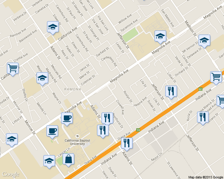 map of restaurants, bars, coffee shops, grocery stores, and more near 8112 Magnolia Avenue in Riverside