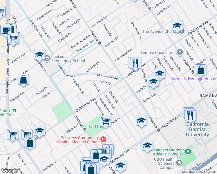 map of restaurants, bars, coffee shops, grocery stores, and more near 4254 Royce Street in Riverside