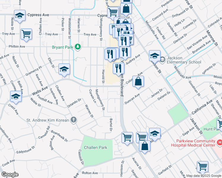 map of restaurants, bars, coffee shops, grocery stores, and more near 7571 Wells Avenue in Riverside