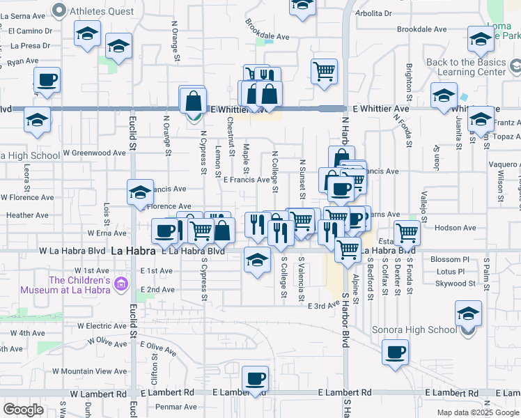 map of restaurants, bars, coffee shops, grocery stores, and more near 614 East Florence Avenue in La Habra