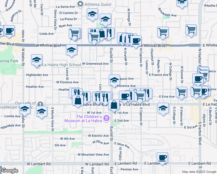 map of restaurants, bars, coffee shops, grocery stores, and more near 309 North Euclid Street in La Habra