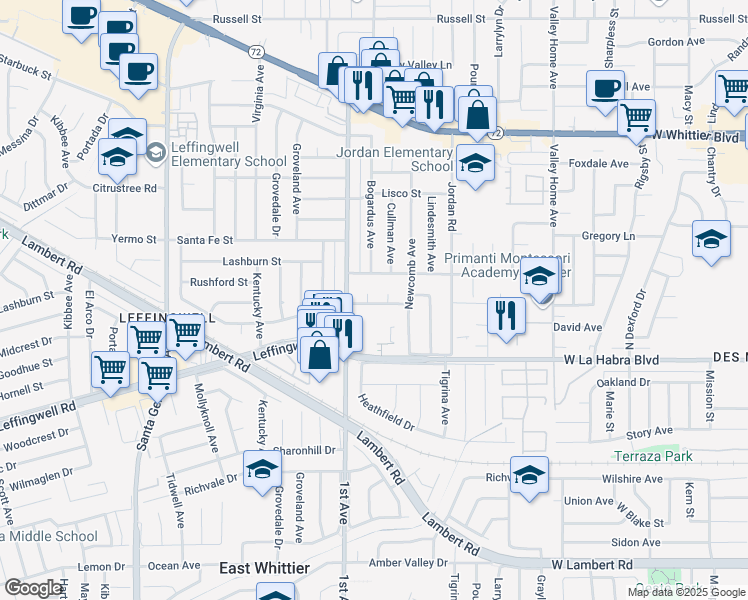 map of restaurants, bars, coffee shops, grocery stores, and more near 10912 Bogardus Avenue in Whittier
