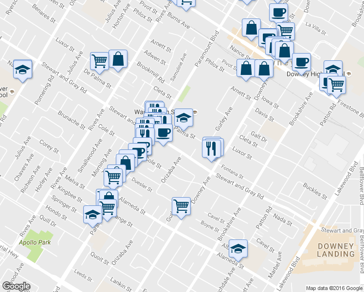 map of restaurants, bars, coffee shops, grocery stores, and more near 8122 De Palma Street in Downey