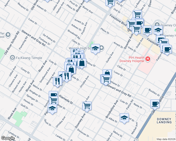 map of restaurants, bars, coffee shops, grocery stores, and more near 8127 Stewart and Gray Road in Downey
