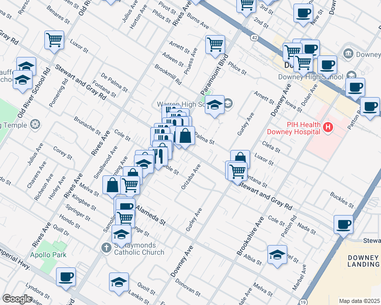 map of restaurants, bars, coffee shops, grocery stores, and more near 8019 Stewart and Gray Road in Downey