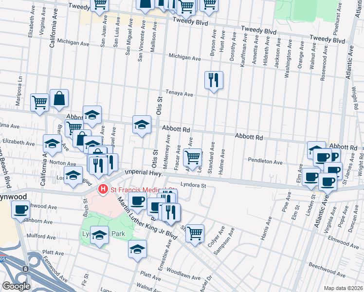 map of restaurants, bars, coffee shops, grocery stores, and more near 10741 Fracar Avenue in Lynwood