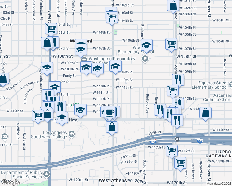 map of restaurants, bars, coffee shops, grocery stores, and more near 1400 West 110th Place in Los Angeles