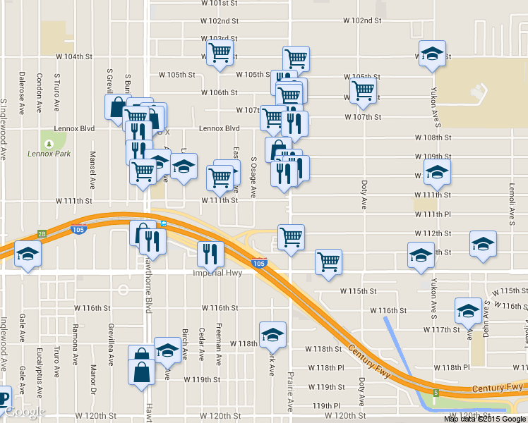 map of restaurants, bars, coffee shops, grocery stores, and more near 4044 West 111th Street in Inglewood