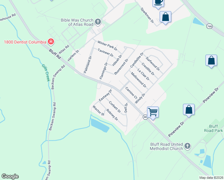 map of restaurants, bars, coffee shops, grocery stores, and more near 4502 Bluff Road in Columbia